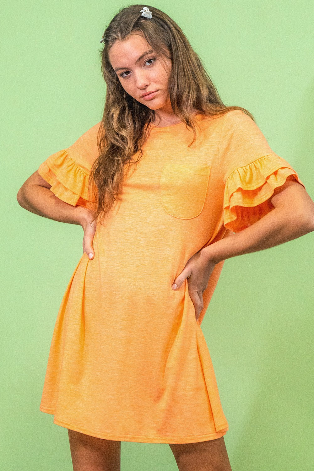 French Terry Ruffle Pocket Tee Shirt Dress
