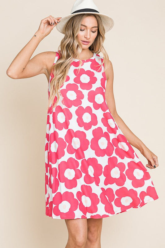 Bold floral swing dress with vibrant red flowers on a white background.