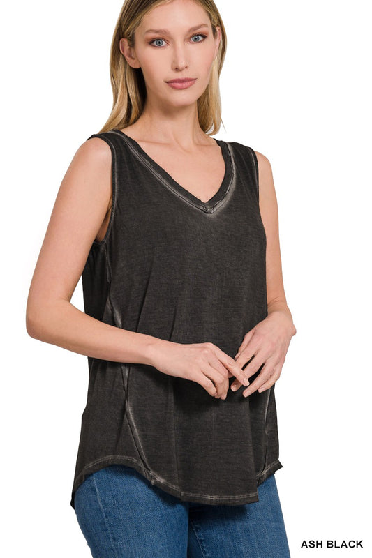 Washed Sleeveless V-neck Top W Hi-low Hem