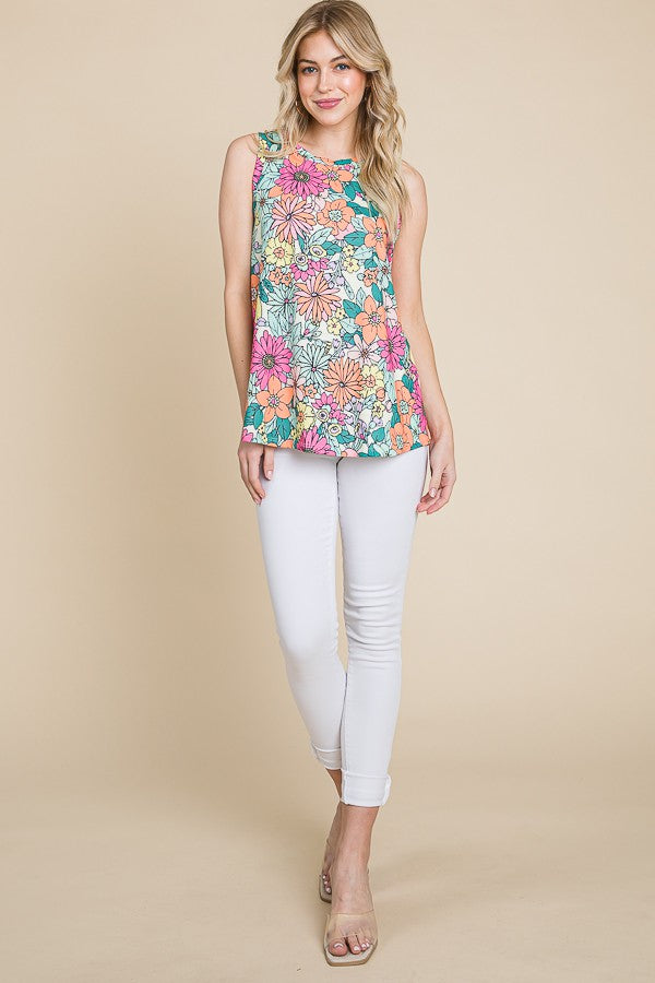 Flowy summer casual tank top with colorful floral design.