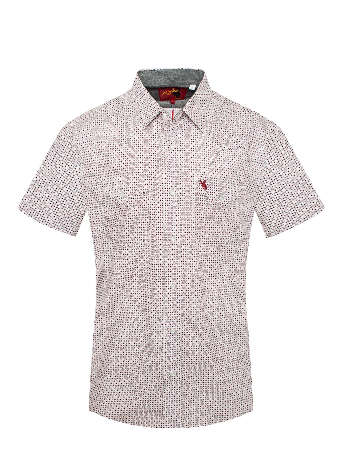 Men's short sleeve printed snap button shirt with playful design.