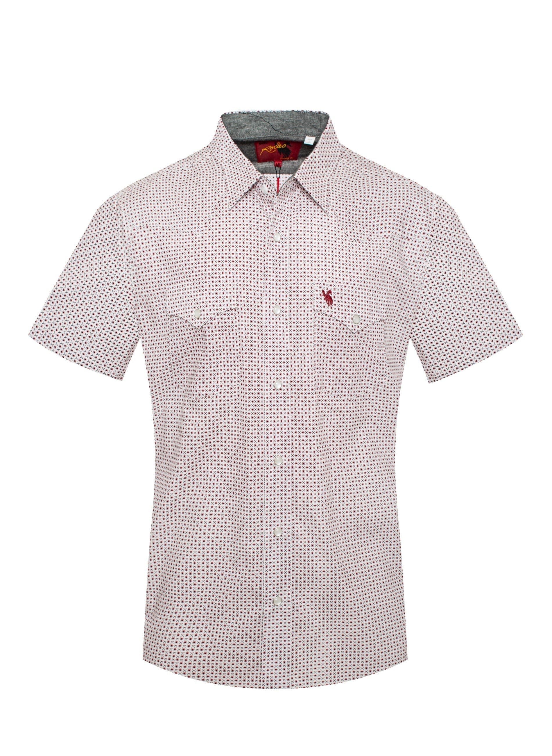 Men's short sleeve printed snap button shirt with playful design.
