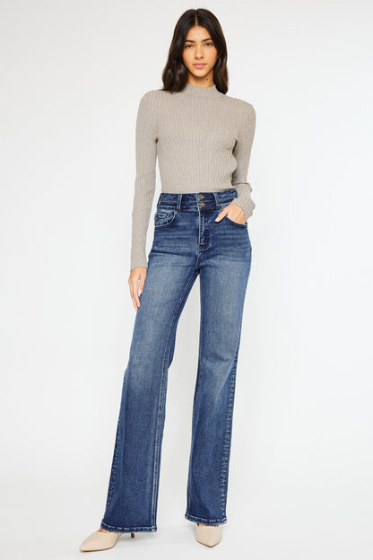Kan Can Onyx Essentials ultra high-rise flare jeans in dark wash.