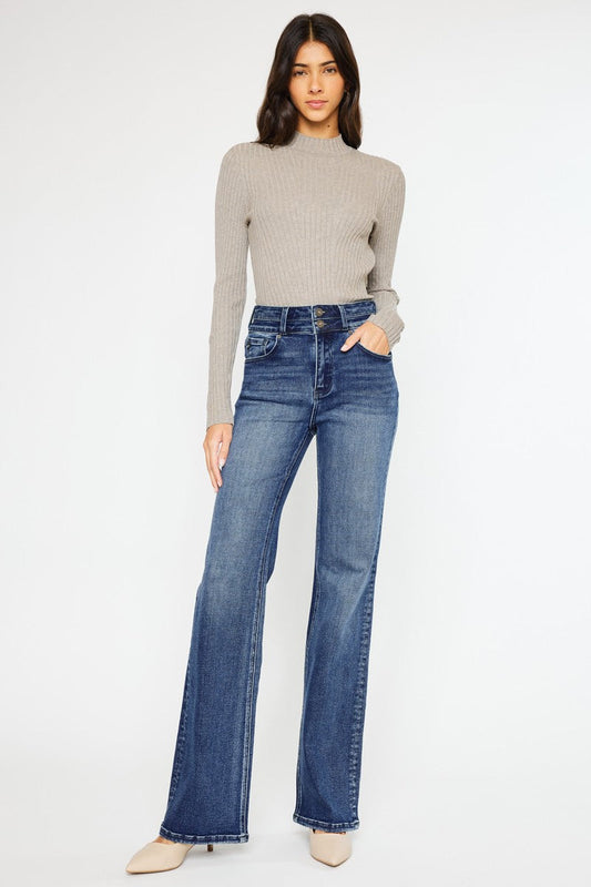 Kan Can Onyx Essentials ultra high-rise flare jeans in dark wash.