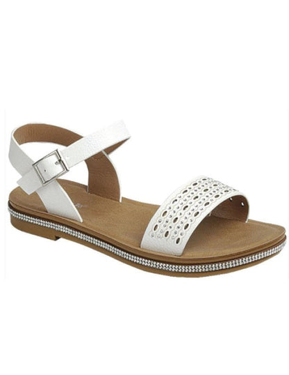 Pink and white ankle strap sandals with unique details.