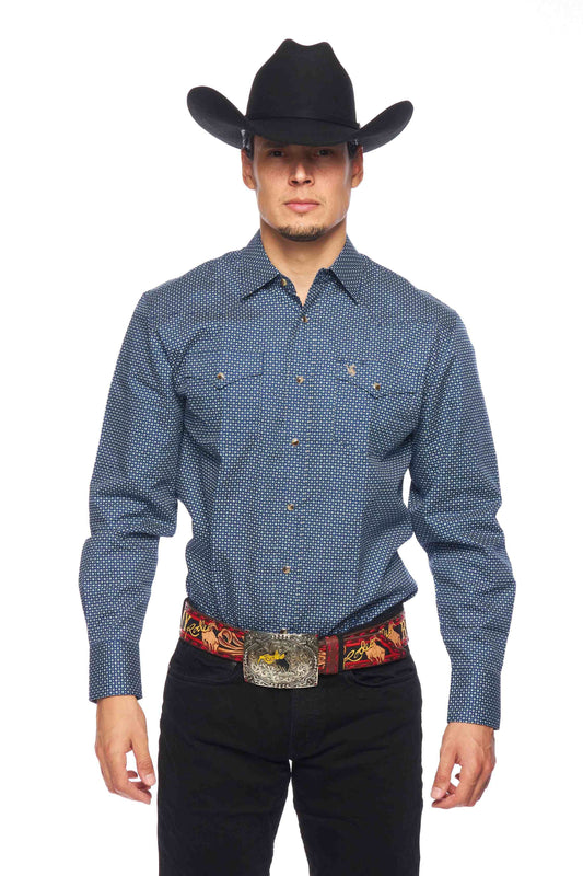 Rodeo Clothing Men's print long sleeve snap shirt with logo embroidery and chest pockets.