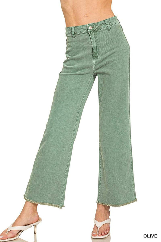 Olive acid washed frayed hem high waist bootcut pants for women