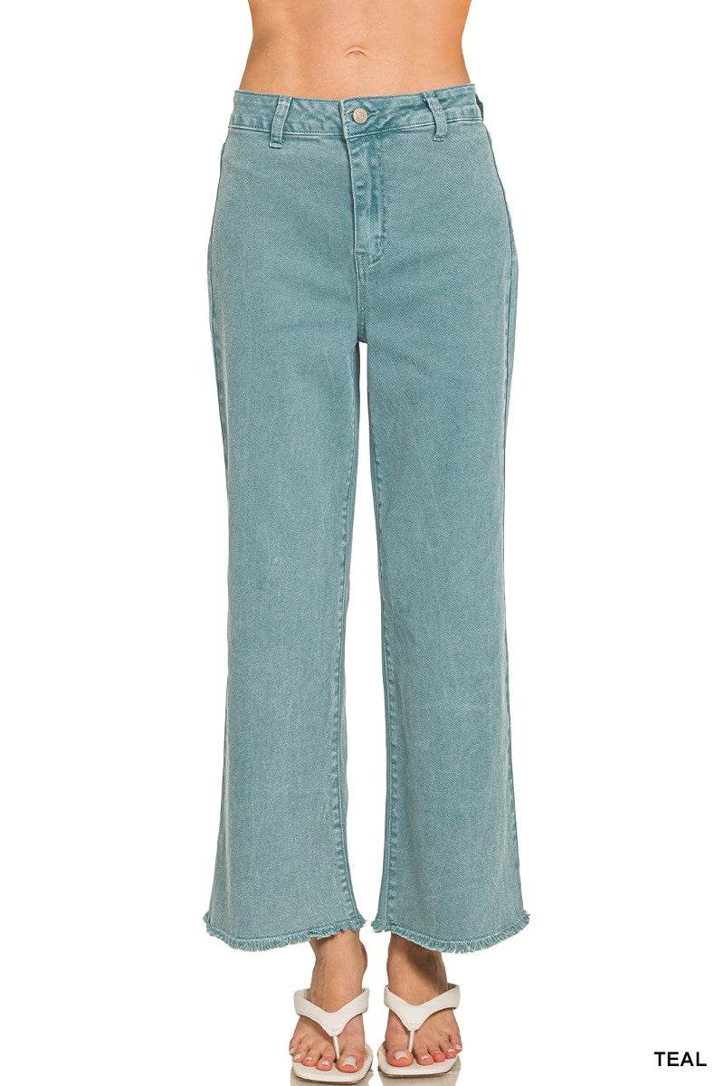 Acid Washed Frayed Cutoff Hem Straight Wide Pants- Zenana