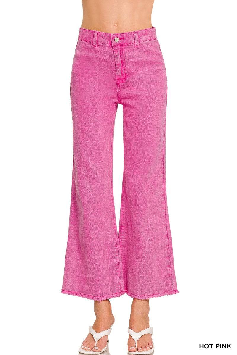 Acid Washed Frayed Cutoff Hem Straight Wide Pants- Zenana
