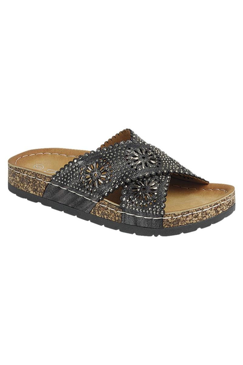 Embellished cross-strap black sandal with wedge high heel.