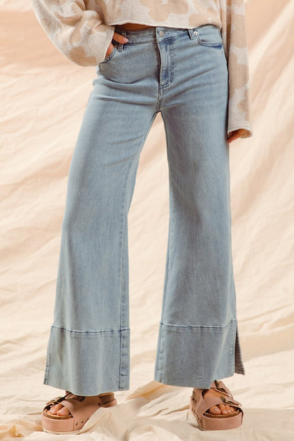 Wide Leg Flare Denim Jeans With Side Slits