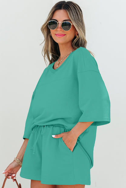 Solid Loose V Neck Half Sleeve Set