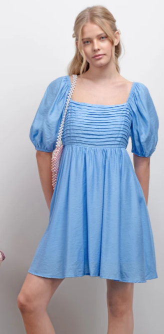 PLEATED DETAIL PUFF SLEEVE MINI DRESS