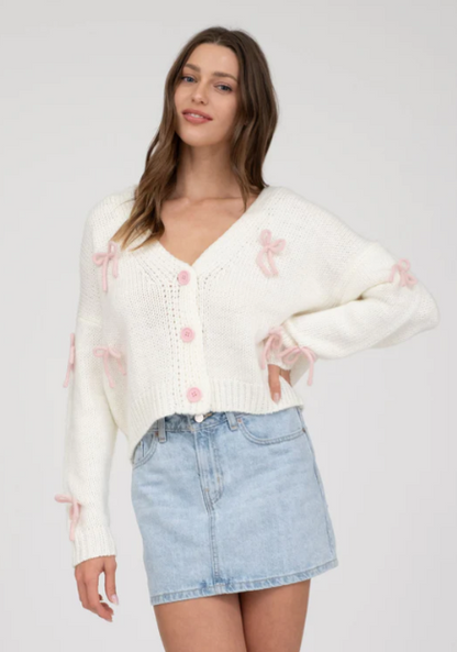 BOW DETAIL BUTTON DOWN CROPPED KNIT CARDIGAN