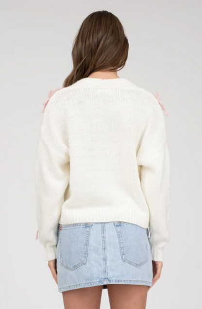 BOW DETAIL BUTTON DOWN CROPPED KNIT CARDIGAN