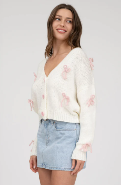BOW DETAIL BUTTON DOWN CROPPED KNIT CARDIGAN