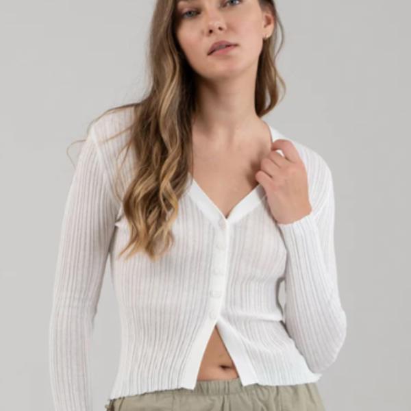 V neck button down sheer knit cardigan with long sleeves.