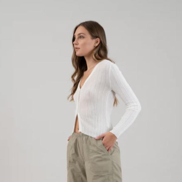 V NECK BUTTON DOWN SHEER KNIT CARDIGAN