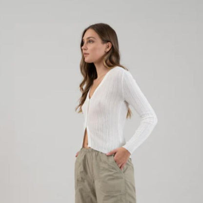 V NECK BUTTON DOWN SHEER KNIT CARDIGAN