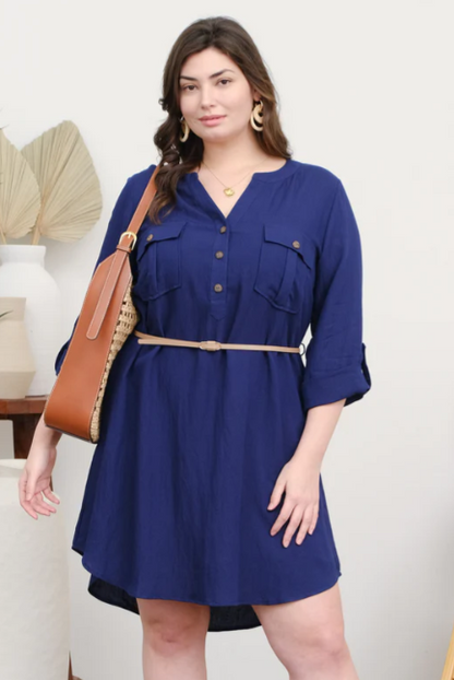 PLUS 3/4 Sleeve Belted Mini Dress in navy, featuring a flattering belted waist for a stylish and playful look.