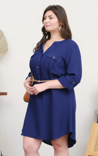 PLUS 3/4 SLEEVE BELTED MINI DRESS