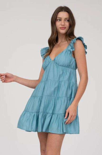 V NECK TIERED BABYDOLL MINI DRESS