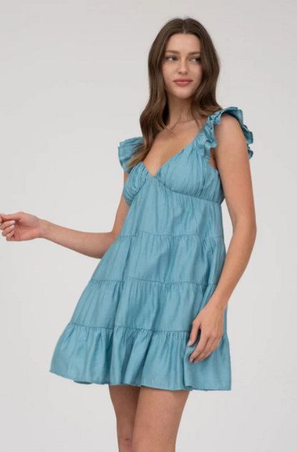 V NECK TIERED BABYDOLL MINI DRESS
