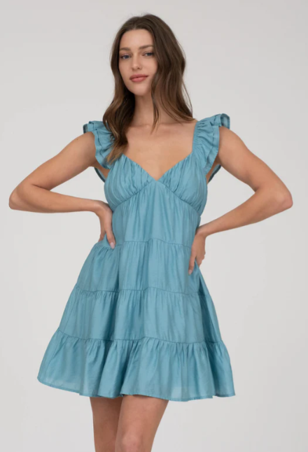 V Neck Tiered Babydoll Mini Dress in blue with ruffled sleeves.
