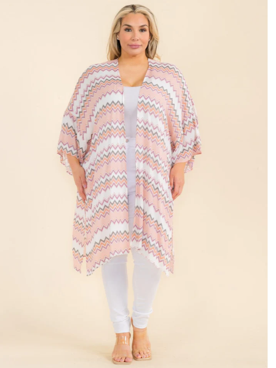 Plus Size Chevron Print Kimono with short sleeves and unique pattern.
