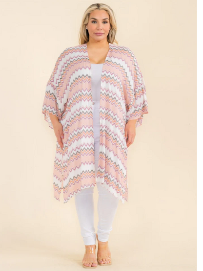 Plus Size Chevron Print Kimono with short sleeves and unique pattern.