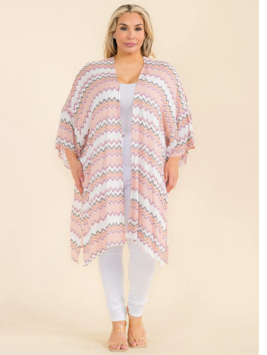 Plus Size Chevron Print Kimono with short sleeves and unique pattern.