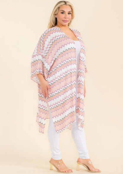 Plus Size Chevron Print Short-sleeve Kimono