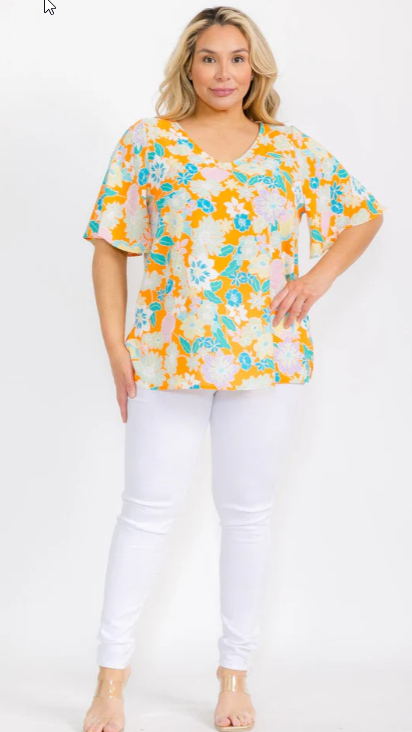 Floral Flutter Sleeve V-neck Top- Plus Size