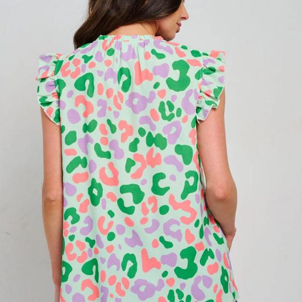 RUFFLE SLEEVE TUNIC MULTI PRINT BLOUSE