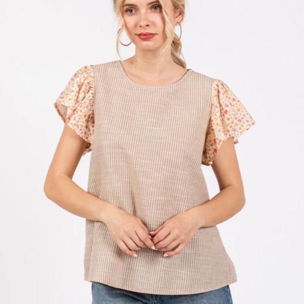 Short ruffle sleeve stripes blouse with playful floral sleeves.