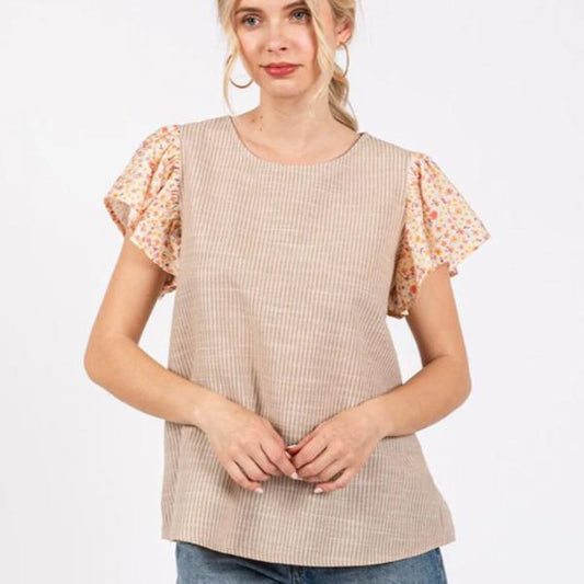 Short ruffle sleeve stripes blouse with playful floral sleeves.