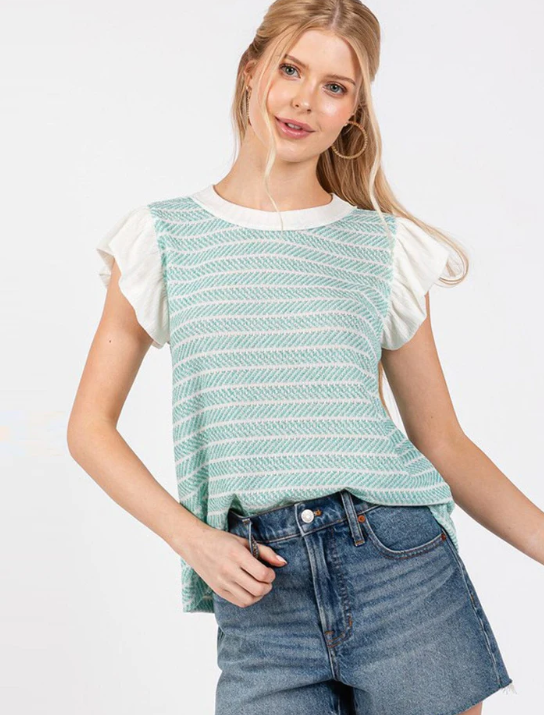 Women's short ruffle sleeve colorblock blouse with striped pattern.