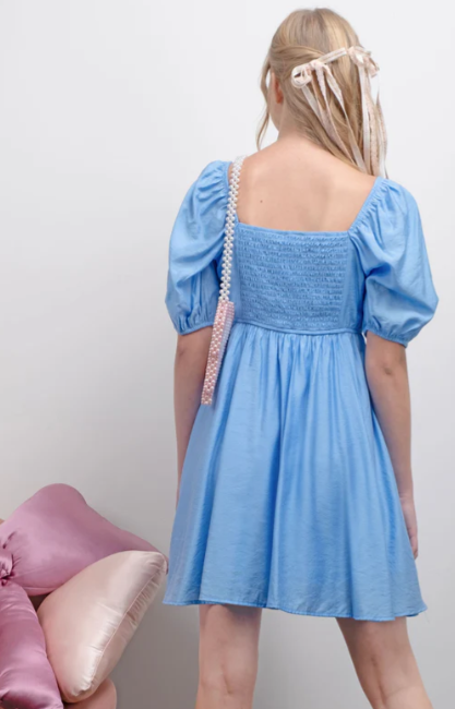 PLEATED DETAIL PUFF SLEEVE MINI DRESS