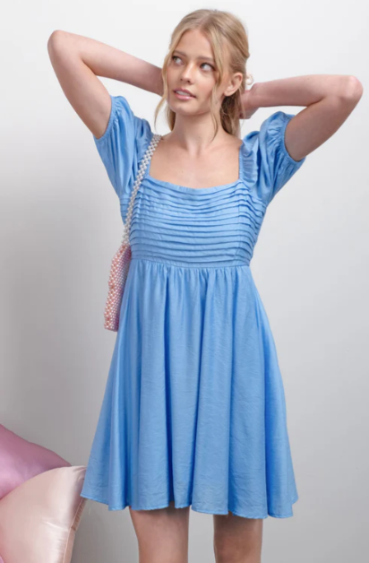 PLEATED DETAIL PUFF SLEEVE MINI DRESS