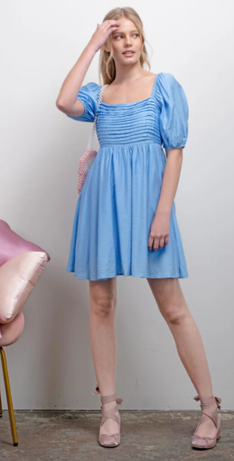 Pleated detail puff sleeve mini dress in light blue.