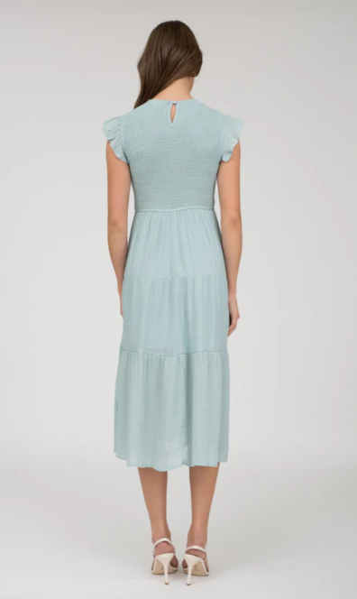 SMOCKED TIERED MIDI DRESS