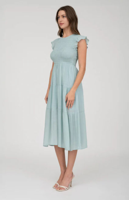 SMOCKED TIERED MIDI DRESS