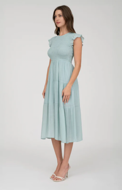 SMOCKED TIERED MIDI DRESS