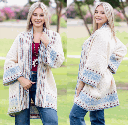 Geometric Print Cardigan in light blue with unique patterns, perfect for cozy comfort and warm style.