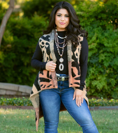 Multi Color Fall Vest in brown with playful patterns, perfect for versatile comfort and style.