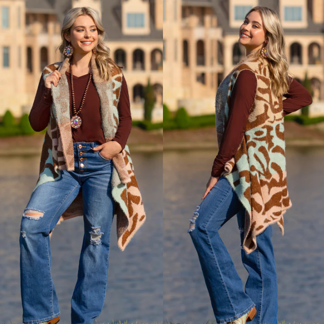 Multi Color Fall Vest worn by woman outdoors, showcasing versatile style for the season.