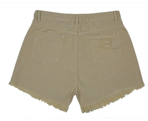 MYRA- Dire Shorts, distressed beige shorts with frayed hem.