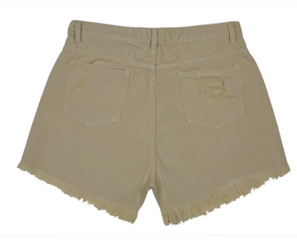 MYRA- Dire Shorts, distressed beige shorts with frayed hem.