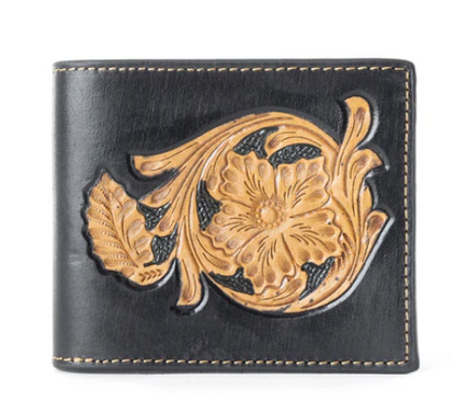 Black leather men's wallet with golden floral patterns, MYRA- TOUCAN.