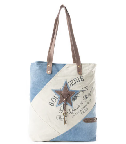 MYRA Blue Star Key Tote Bag with vintage canvas and leather design featuring a star accent and geometric patchwork.